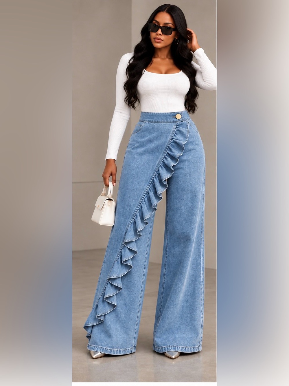 Ruffle Wide-Leg Denim Jeans